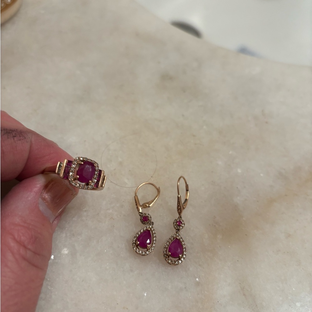 Elegant Gold and Pink Ruby 14 K gold earrings and ring!